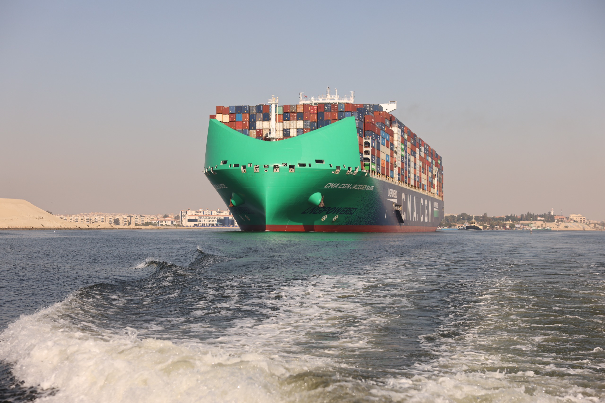 Suez Canal : Transit of the giant container ship CMA CGM JACQUESSAADE and MAERSK SEBAROK